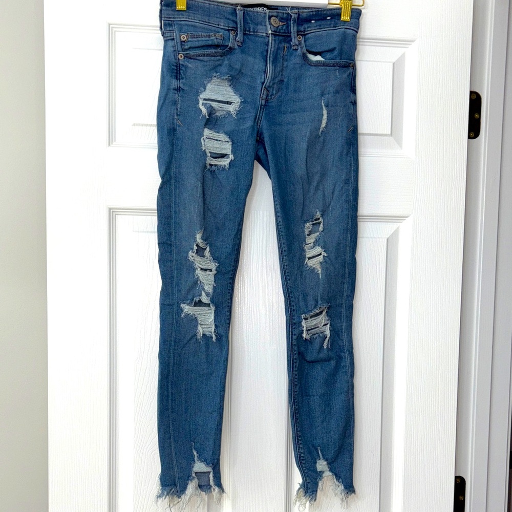 Express Women's Distressed Skinny Jeans in Blue